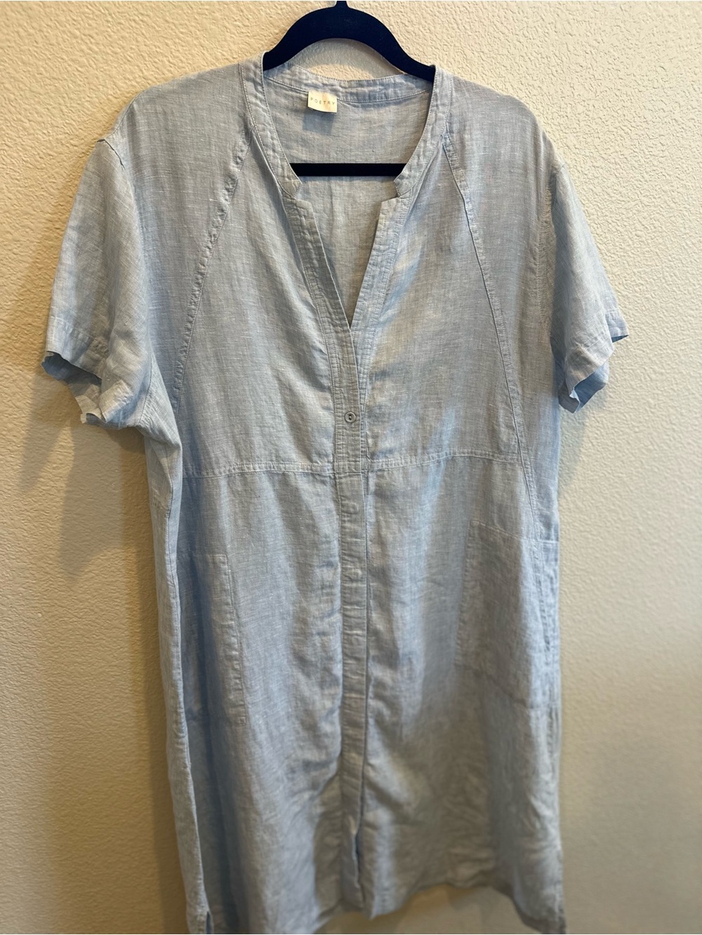 Poetry 100% Linen Dress Blue Short Sleeve Tunic Shift w/ Pockets Size US 18 NWOT
